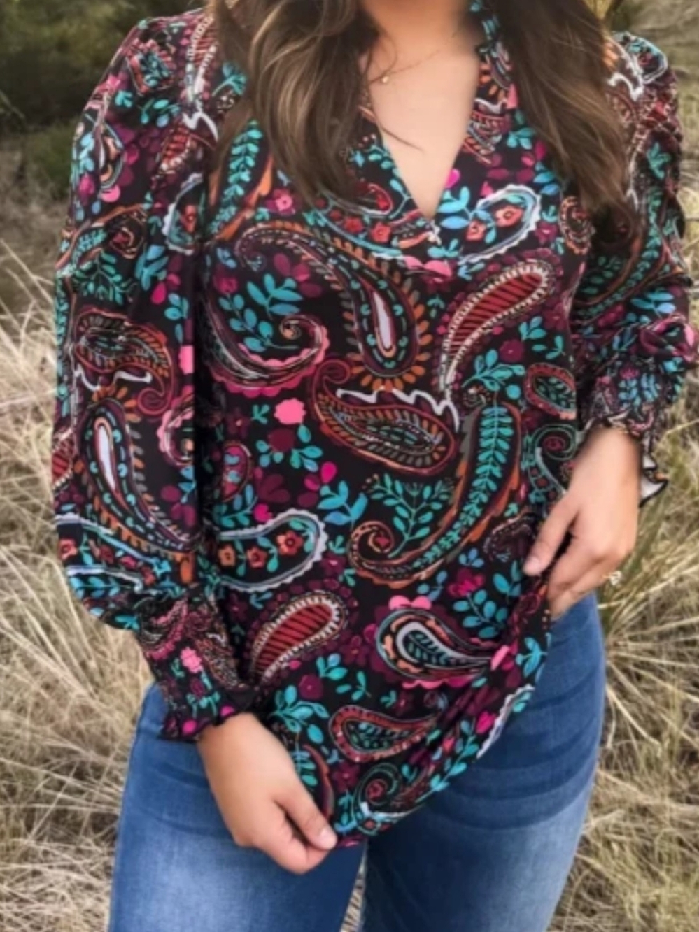 NY Collection Paisley V-Neck Blouse - Teal, Pink & Burgundy